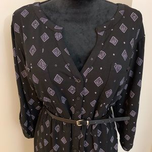 Black Patterned Belted Jersey Shirt Dress